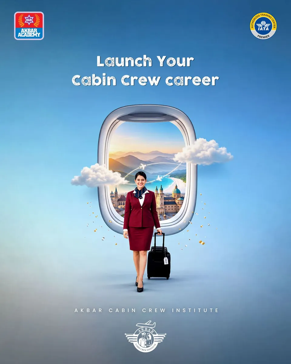 Akbar Cabin Crew Institute poster: a flight attendant stepping through an aircraft window, 'Launch your cabin crew career'