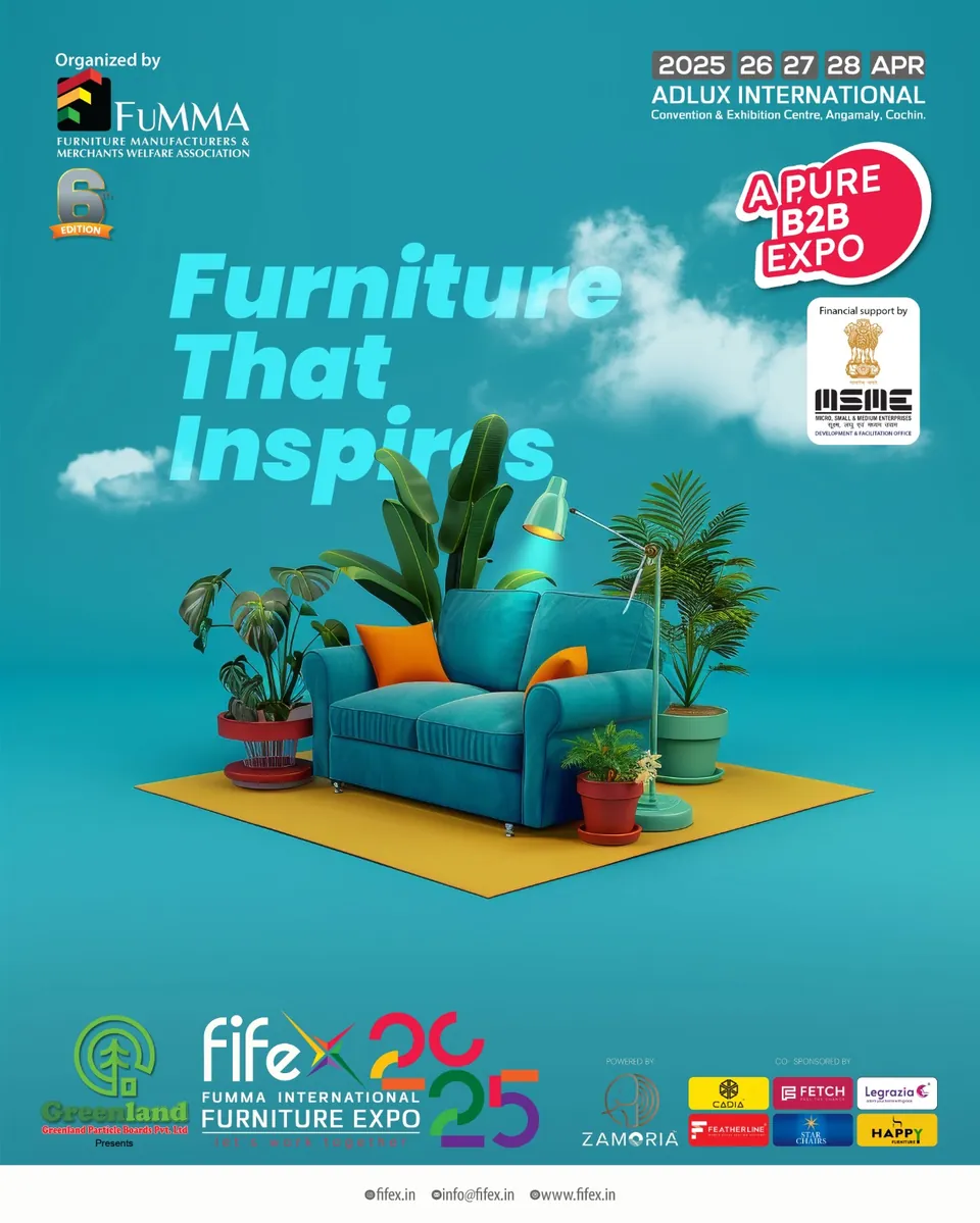 FIFEX 2025 poster: a blue sofa on a teal set, 'Furniture that inspires'
