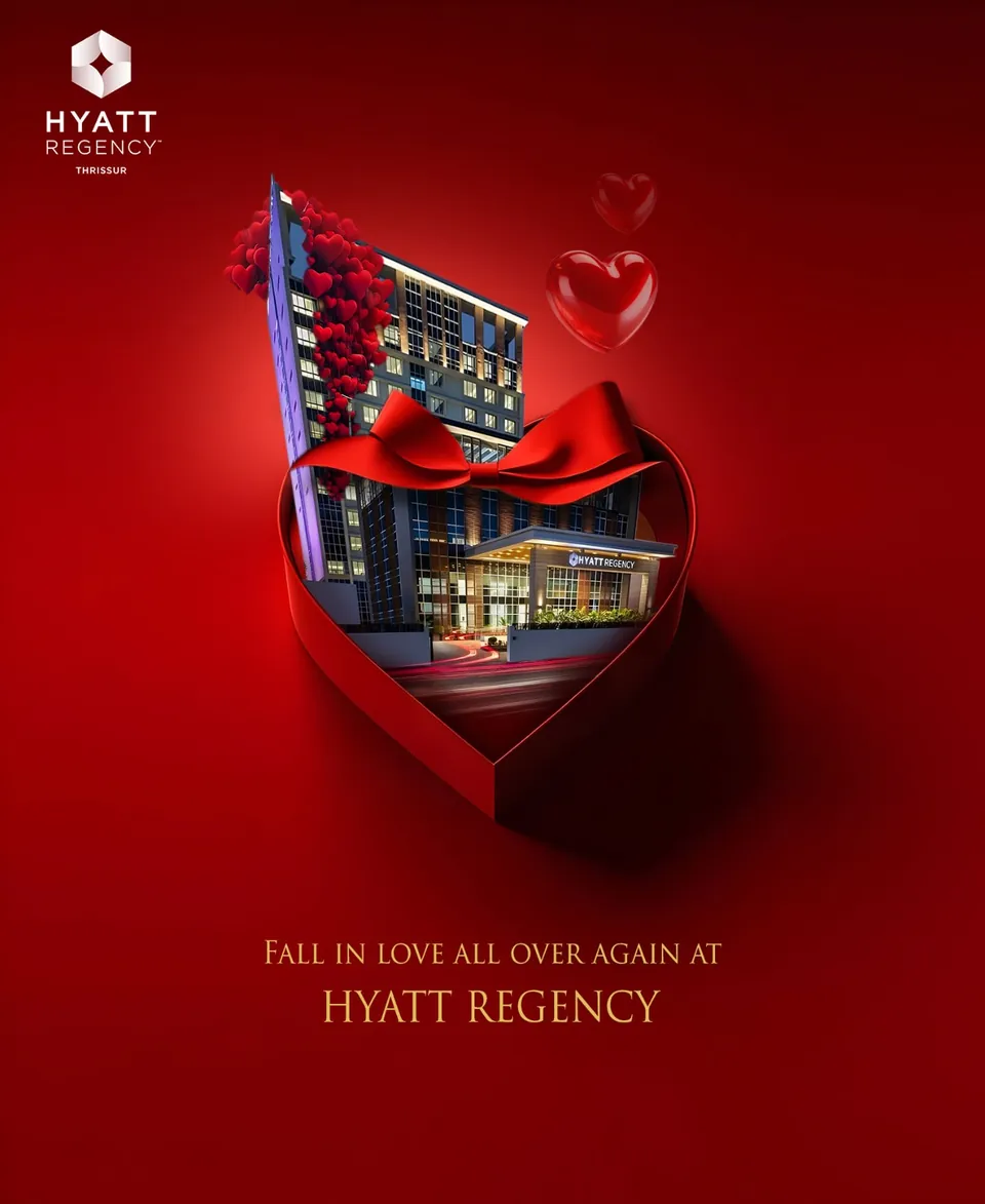 Hyatt Regency Thrissur poster: the hotel inside a ribboned heart-shaped gift box, 'Fall in love all over again'