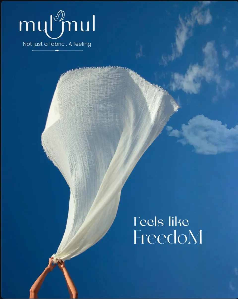Mulmul poster: a white cloth floating against a blue sky, 'Feels like freedom'