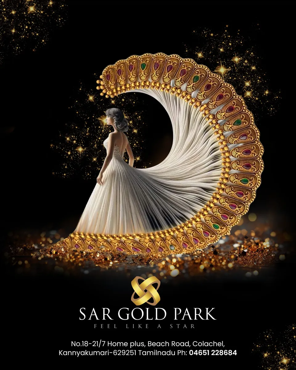 SAR Gold Park poster: a bride in white framed by a giant crescent of gold jewellery and sparks