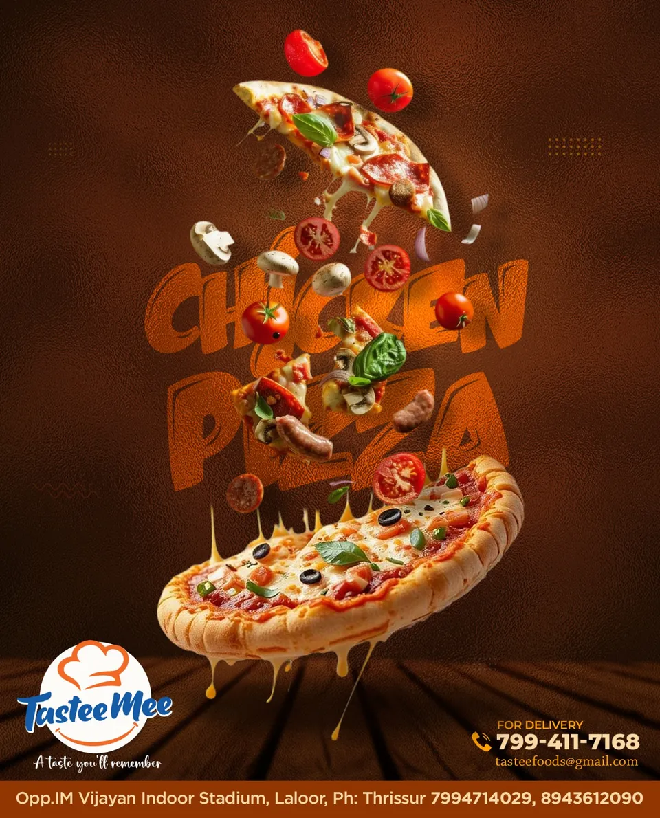 TasteeMee poster: a chicken pizza exploded into its ingredients, the lettering built from the food