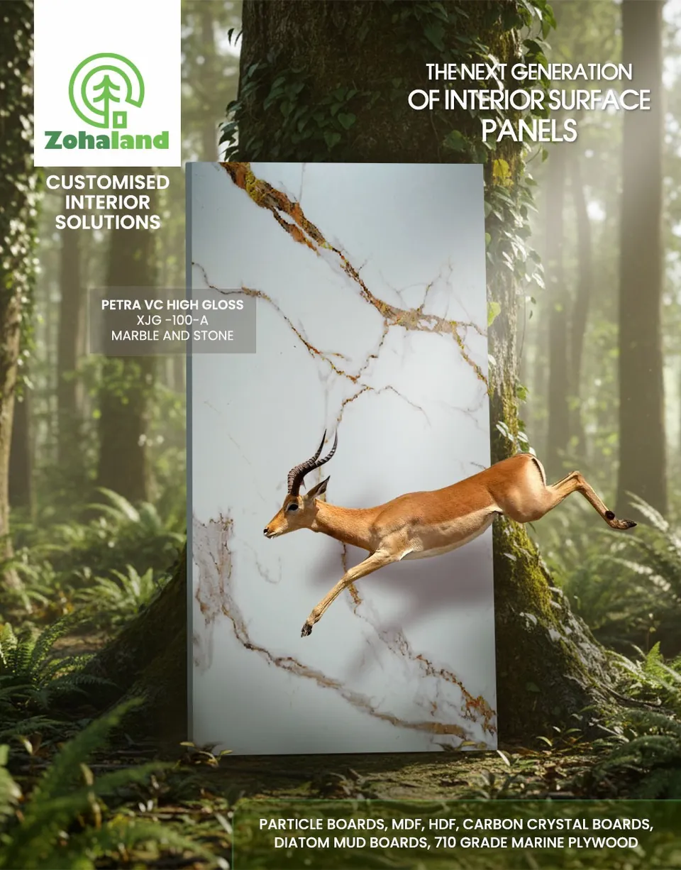 Zohaland poster: a deer leaping through a cracked marble panel in a forest